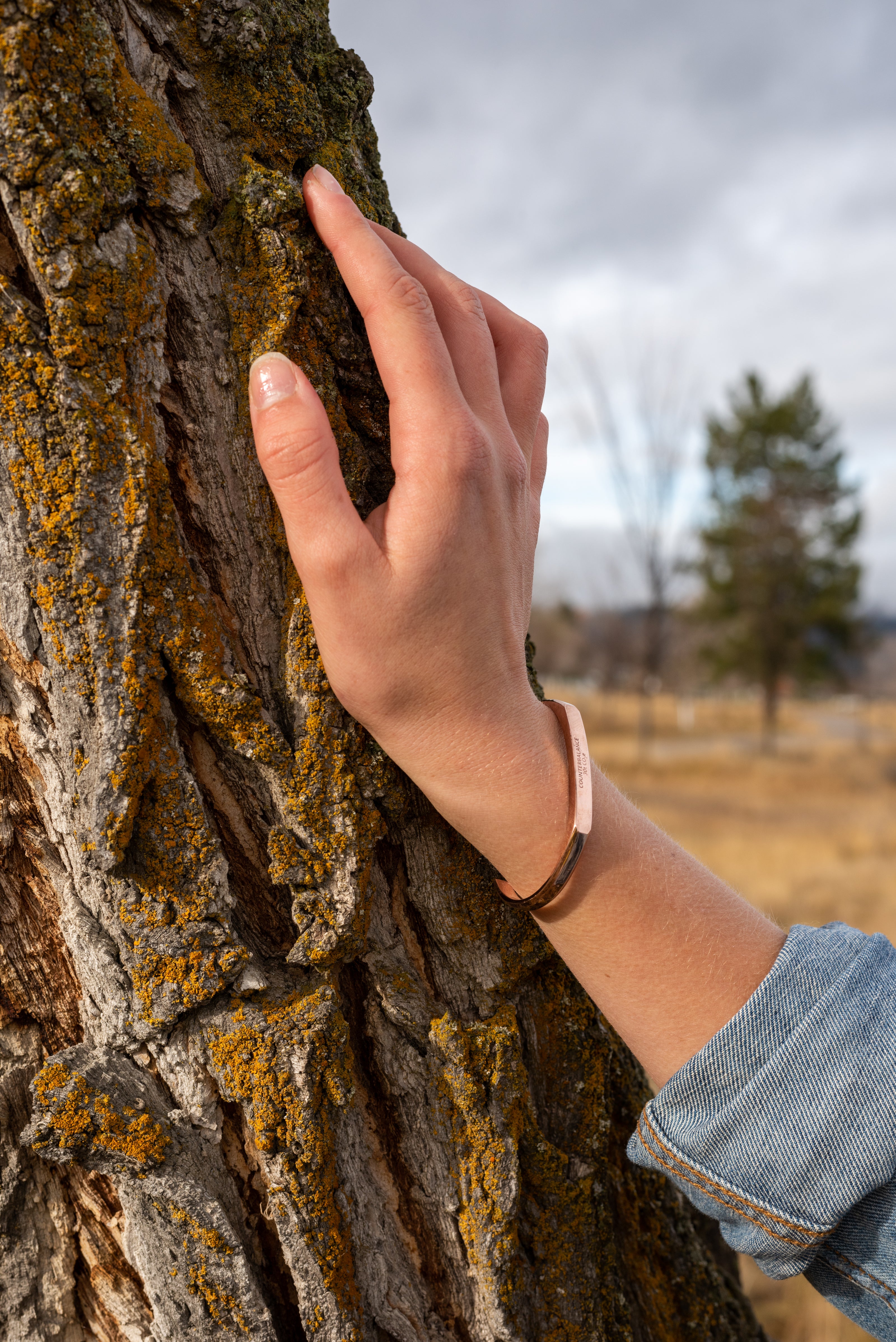 a model's wrist rests upon a tree, she wears a rose gold counterbalance bracelet supporting 30 tons of carbon offsets.