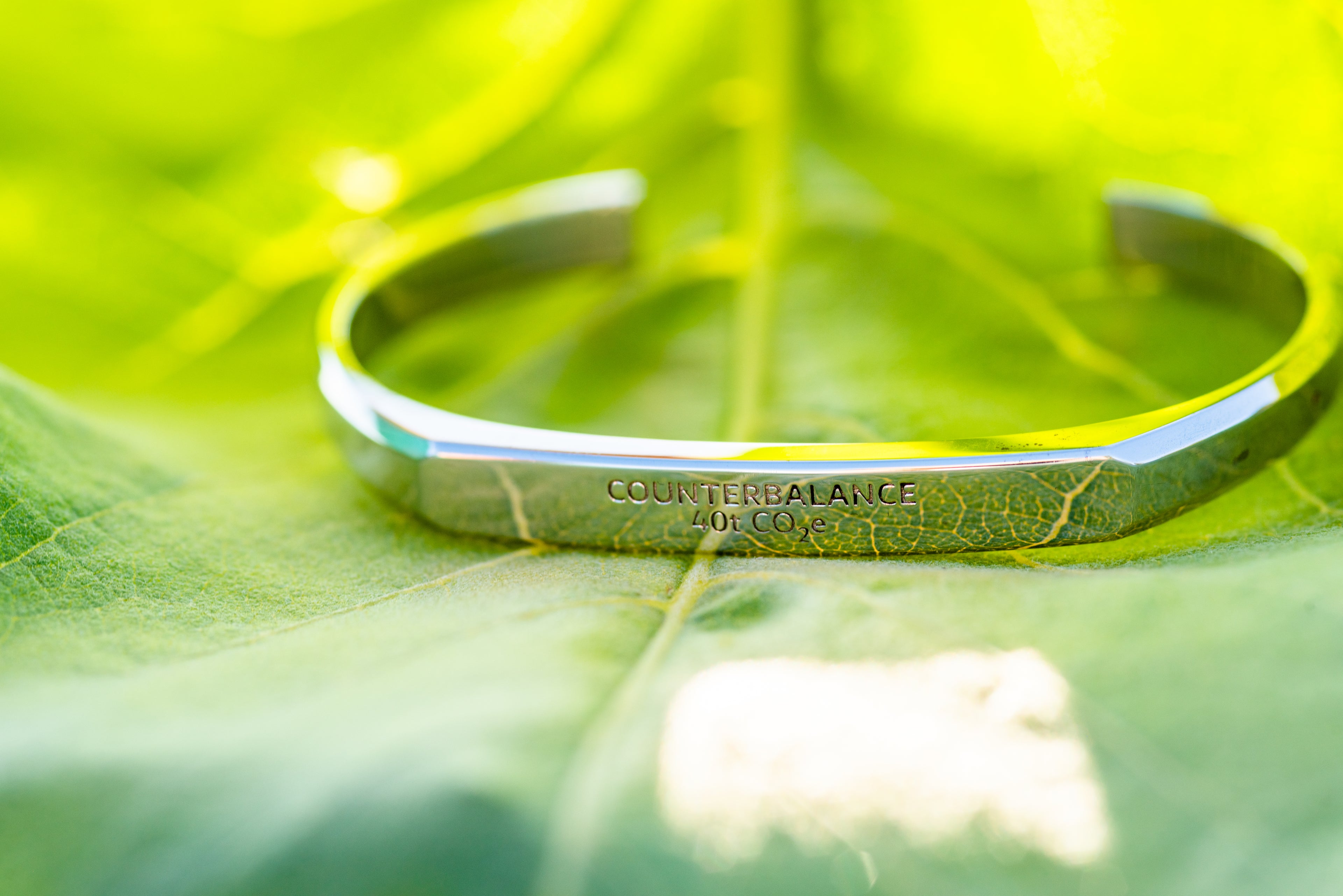 a 40t CO2e Counterbalance sits upon a green leaf. CO2e means carbon dioxide equivalent and t for metric tons.