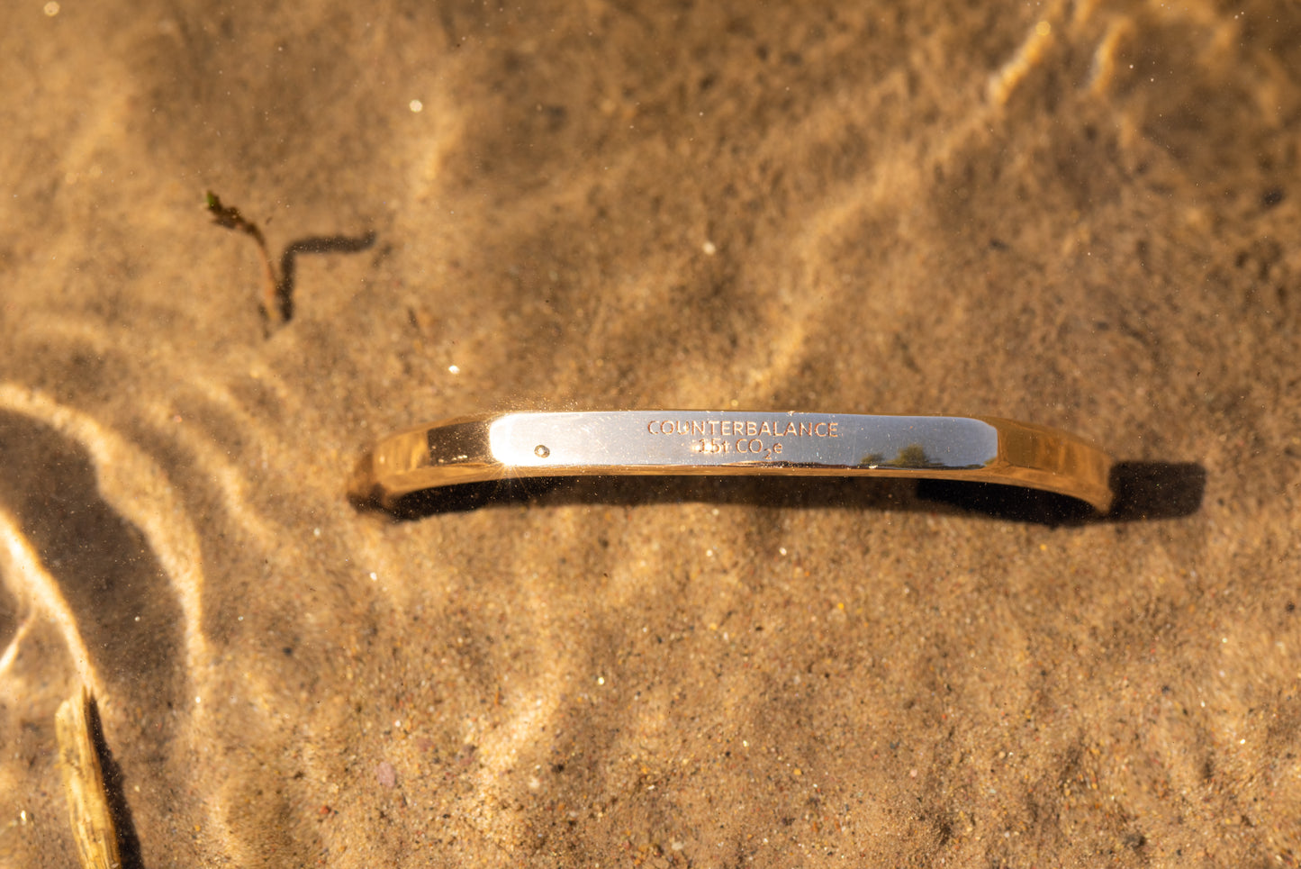 A 15 ton bronze Counterbalance bracelet displayed underwater in the sand of the clark fork riverbank Missoula, Montana.