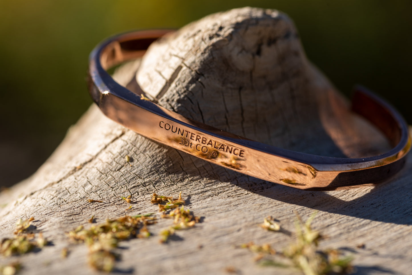 A rose gold counterbalance bracelet engraved with the word Counterbalance with the abbreviations and symbols for 30 tons of carbon dioxide equivalent below it. The bracelet is displayed on a piece of driftwood outside in the sun with green foliage in the background.