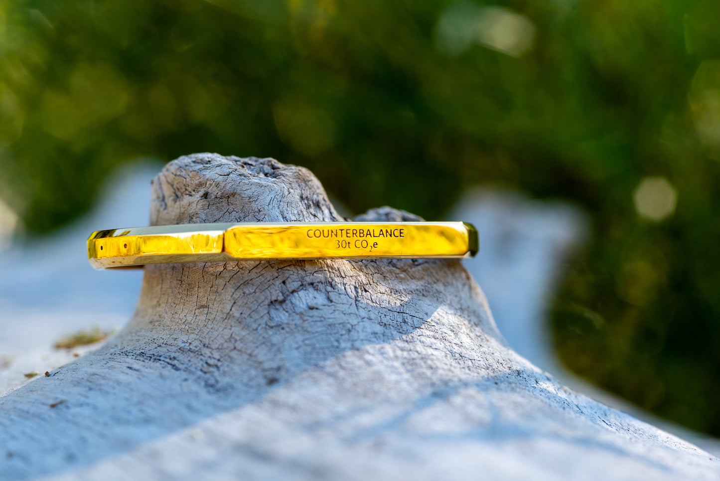 A gold counterbalance bracelet engraved with the abbreviations for 30 tons of carbon dioxide equivalent. The bracelet rests upon a piece of driftwood with green foliage in the background.