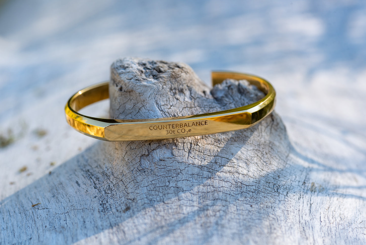 A gold counterbalance bracelet engraved with the abbreviations for 30 tons of carbon dioxide equivalent. The bracelet rests upon a piece of driftwood.