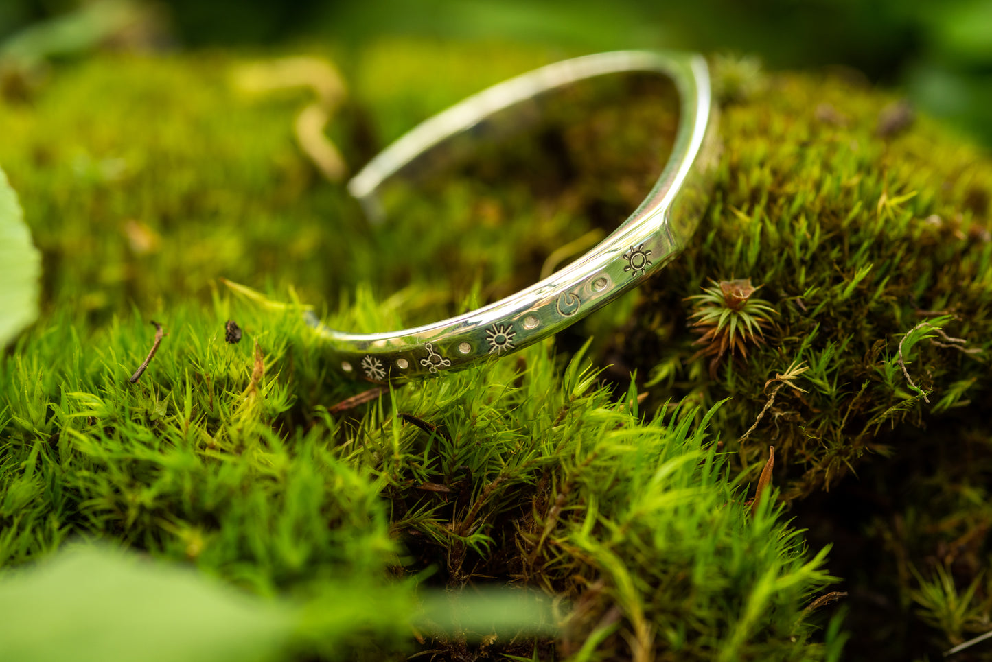 A silver counterbalance bracelet is displayed atop moss. It is engraved with the charm logos for 5 different carbon offset projects.