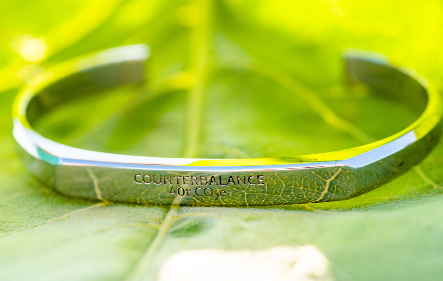 A white gold counterbalance bracelet engraved with 40t CO2e for 40 tons of carbon dioxide equivalent. The bracelet rests upon the leaf of a sunflower backlit by the sun.
