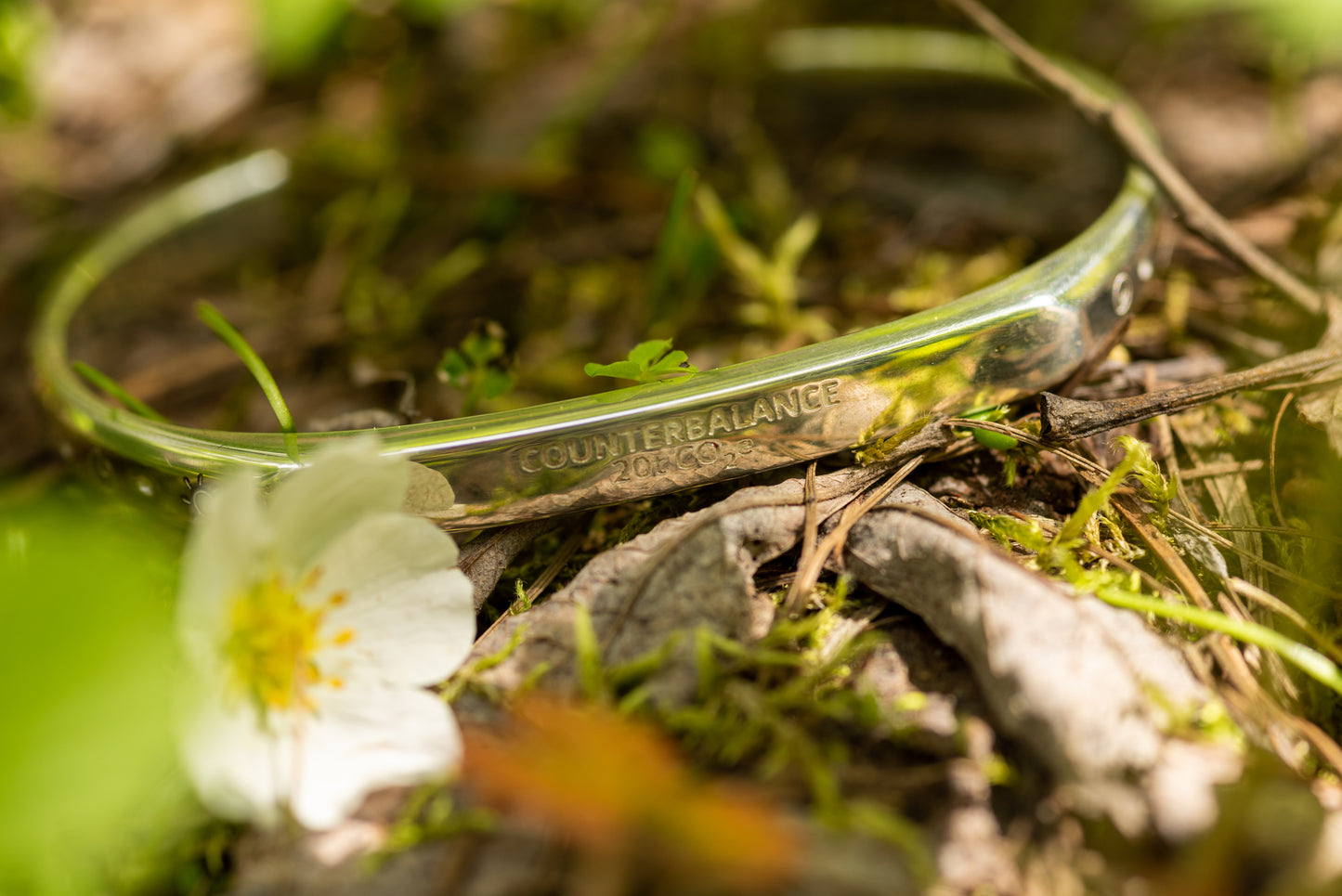 A silver counterbalance bracelet on a rock by white wildflowers and mossy tendrils.