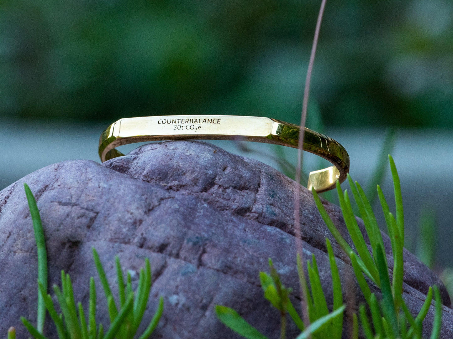 A gold counterbalance bracelet engraved with the abbreviations for 30 tons of carbon dioxide equivalent. The bracelet sits upon a smooth grey rock with grassy foliage in the foreground.