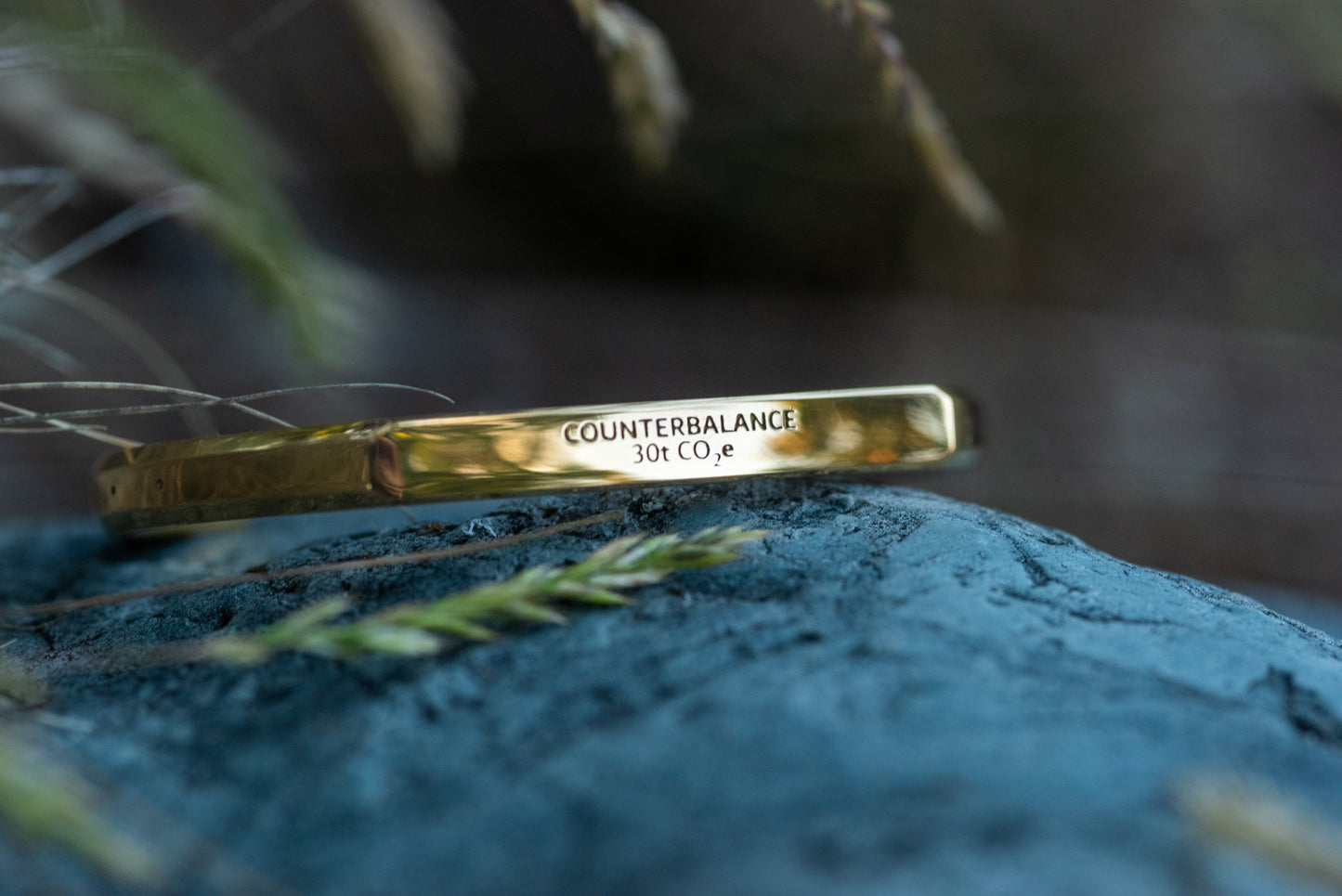A gold counterbalance bracelet engraved with the abbreviations for 30 tons of carbon dioxide equivalent. The bracelet sits upon a smooth grey rock with grassy foliage in the background.