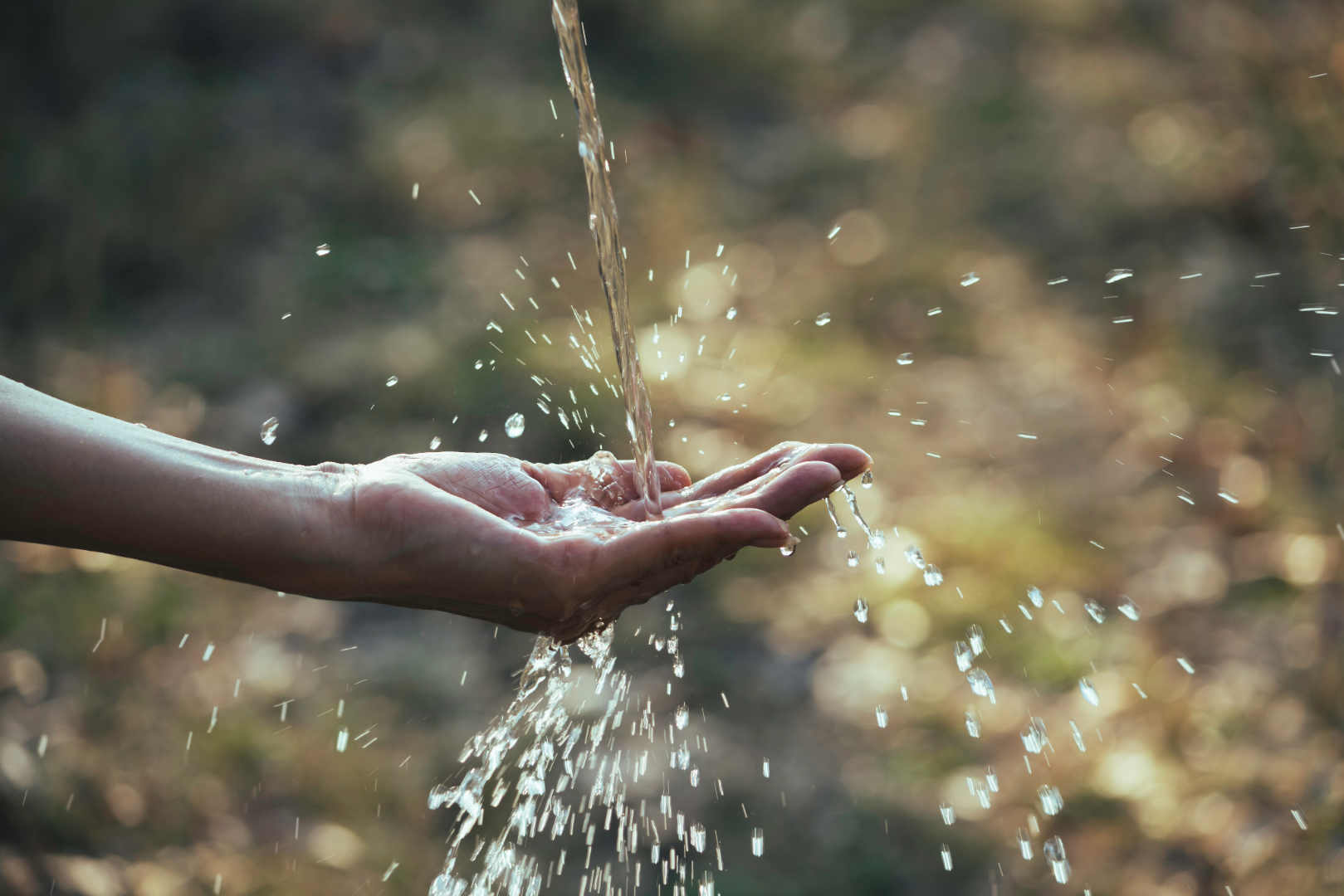 a stream of water flows into the hand of an individual. 