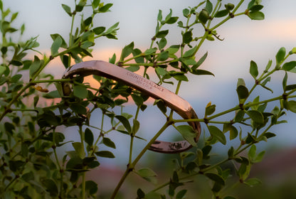 A rose gold counterbalance bracelet engraved with the word Counterbalance with the abbreviations and symbols for 30 tons of carbon dioxide equivalent below it. The bracelet is displayed in the green leaves of a desert plant with pink clouds and blue sky in the background.