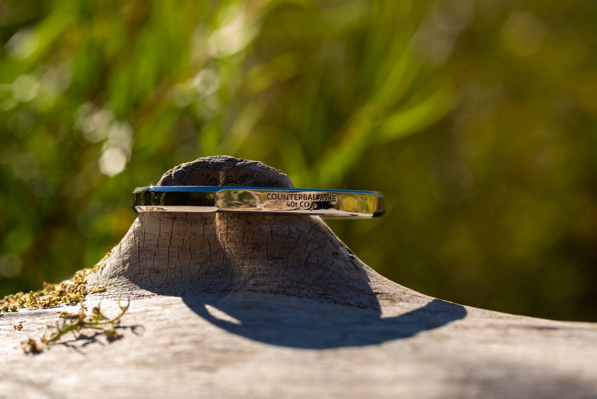 A white gold counterbalance bracelet engraved with 40t CO2e for 40 tons of carbon dioxide equivalent. The bracelet rests upon a piece of smooth driftwood with green sunlit foliage in the background.