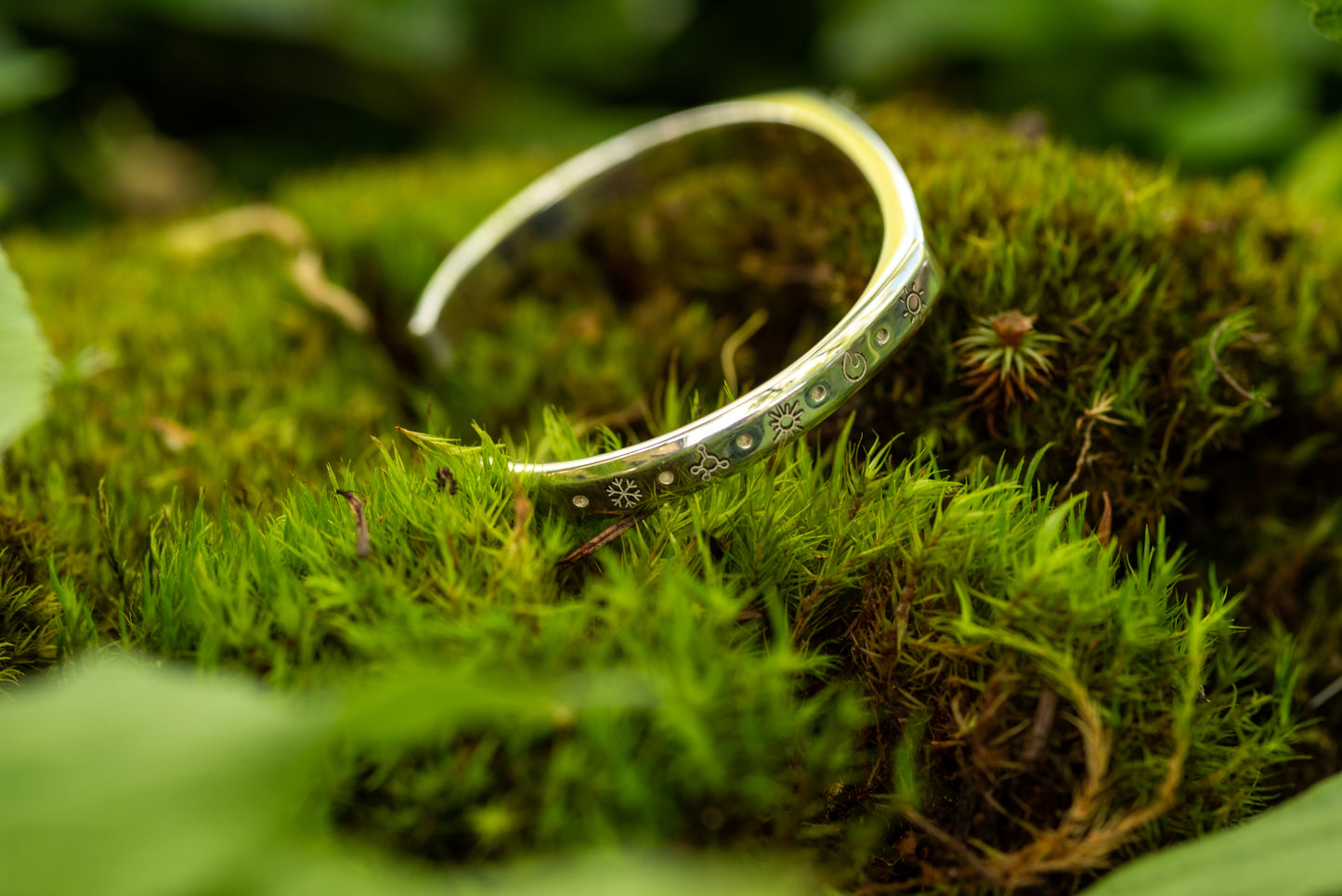 A silver counterbalance bracelet on a mossy forest floor. 