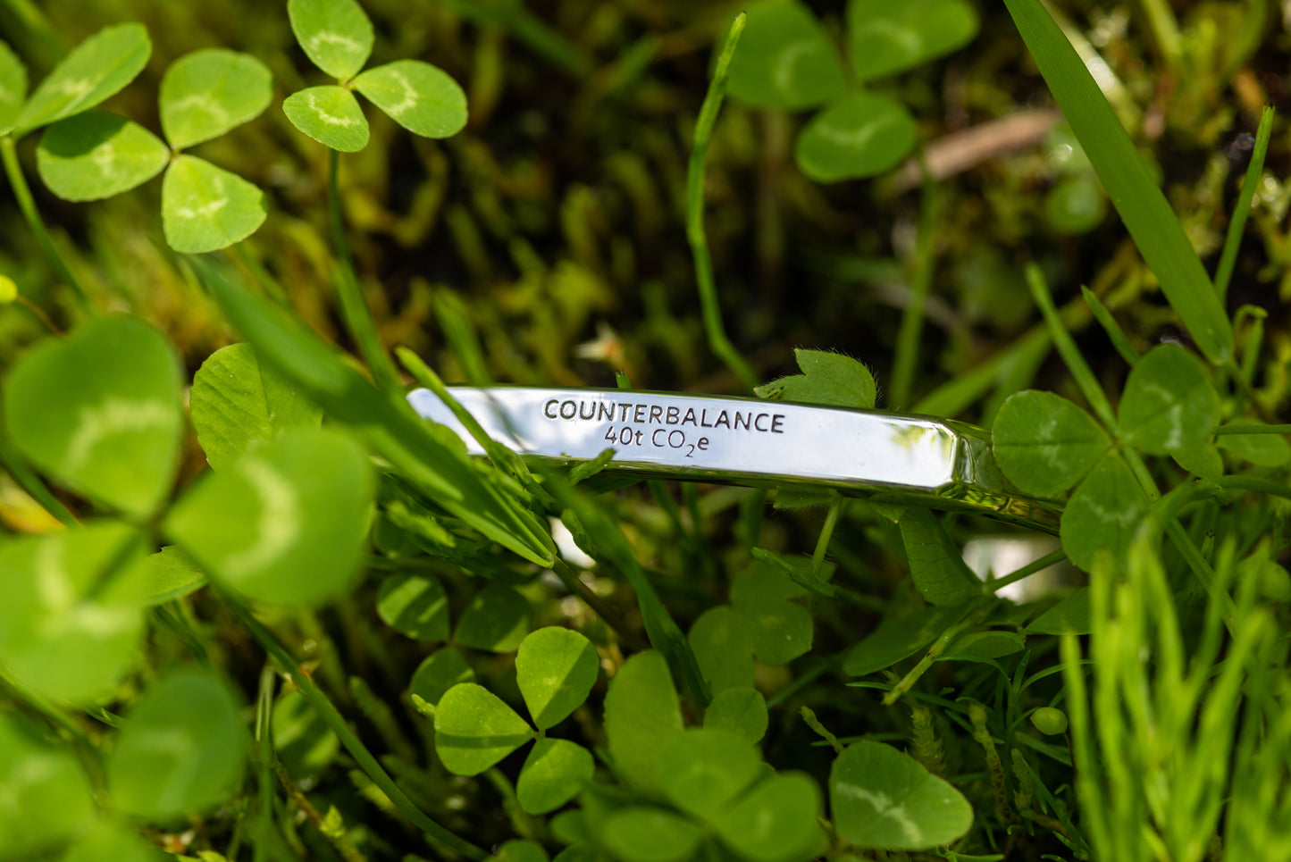 A white gold counterbalance bracelet engraved with 40t CO2e for 40 tons of carbon dioxide equivalent. The bracelet is nestled among small plants on the forest floor. 